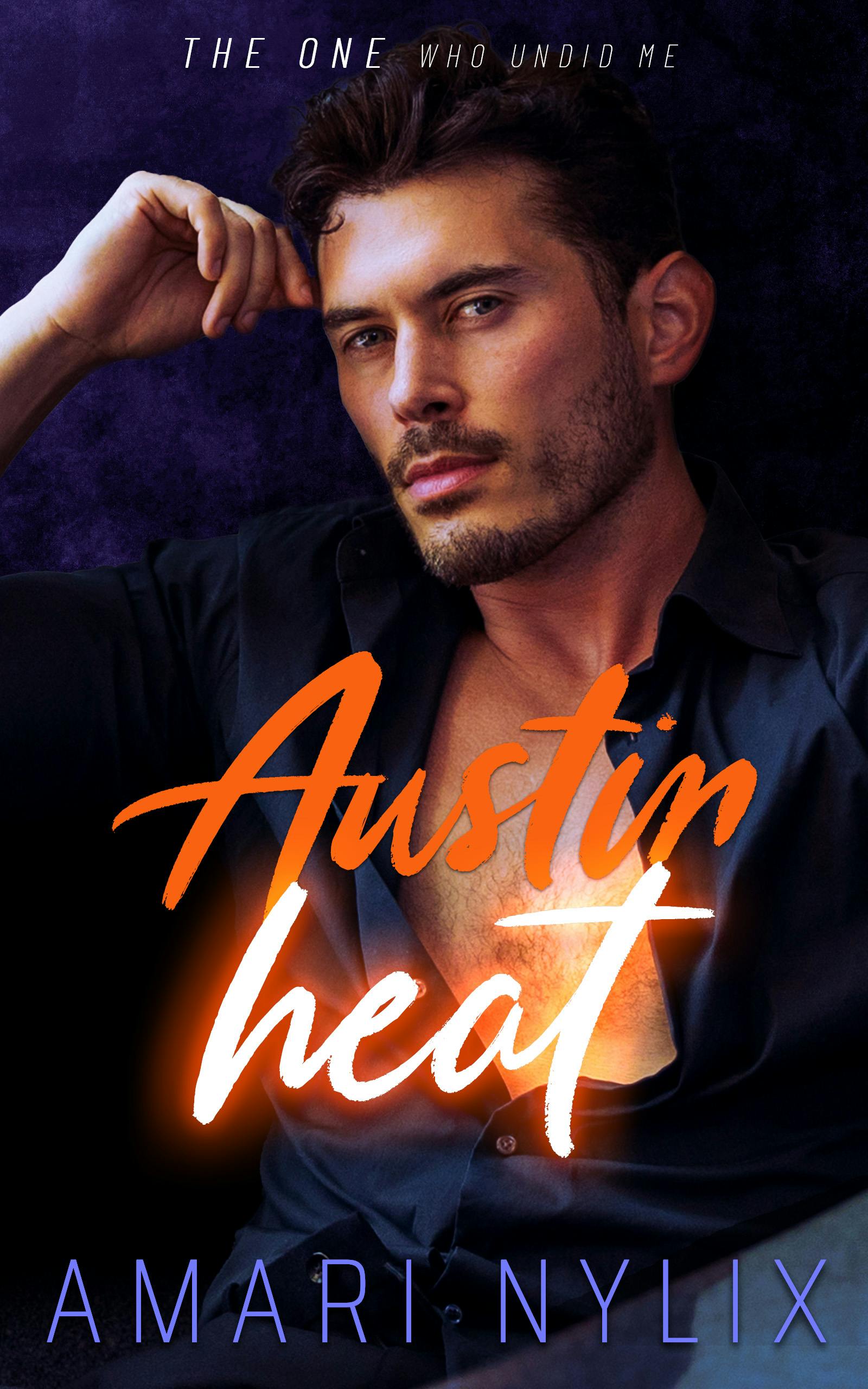 Cover image for book one. Man with hand to his head behind orange letters that read Austin Heat